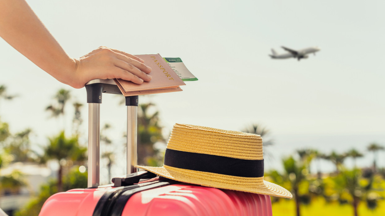 Woman with pink suitcase and passport with boarding pass standing on passengers ladder of airplane opposite sea with palm trees. Tourism concept