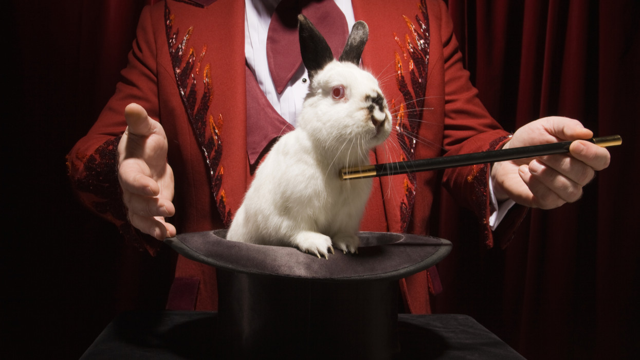 Magician taking rabbit out out of a magic hat with wand.