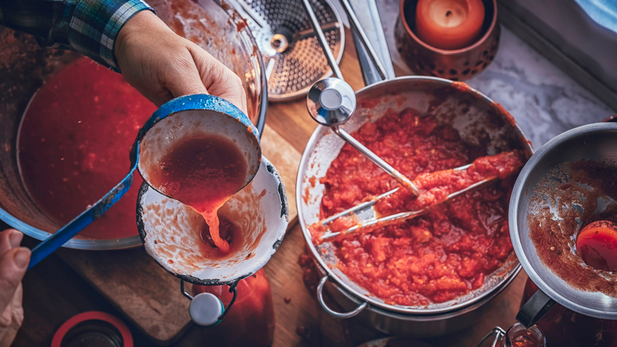 Preparing Homemade Tomato Sauce and Preserving in Bottles