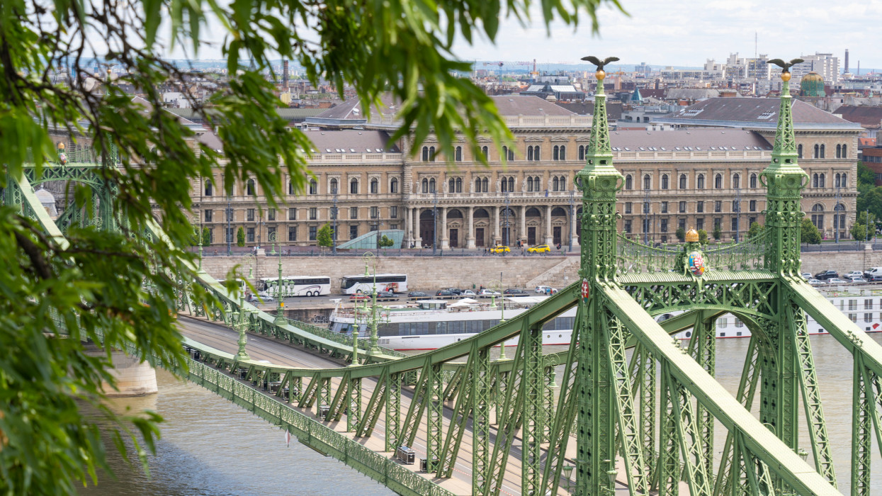 Liberty bridge, Freedom bridge, Danube river, Corvinus University, Budapest, Hungary,