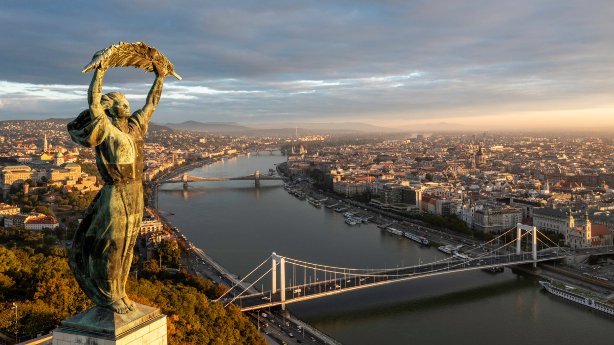 Aerial view from Citadella statue in Budapest at sunrise