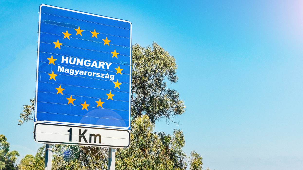 Road sign on the border of Hungary as part of an European Union member state.