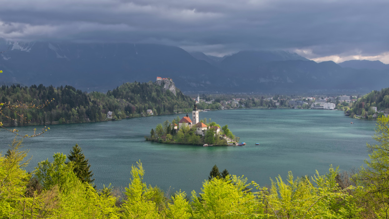 View of Lake Bled from Little Osojnica Hill, at spring day with light green trees on foreground and dark clouds on background, Slovenia