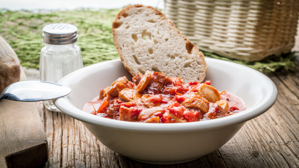 Lecho - tasty Hungarian stew with peppers and sausage.