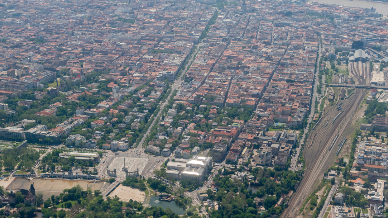Aerial view over Terezvaros district of downtown Budapest, Hungary. Andrassy street and Heroes Square are in the center of the photo.