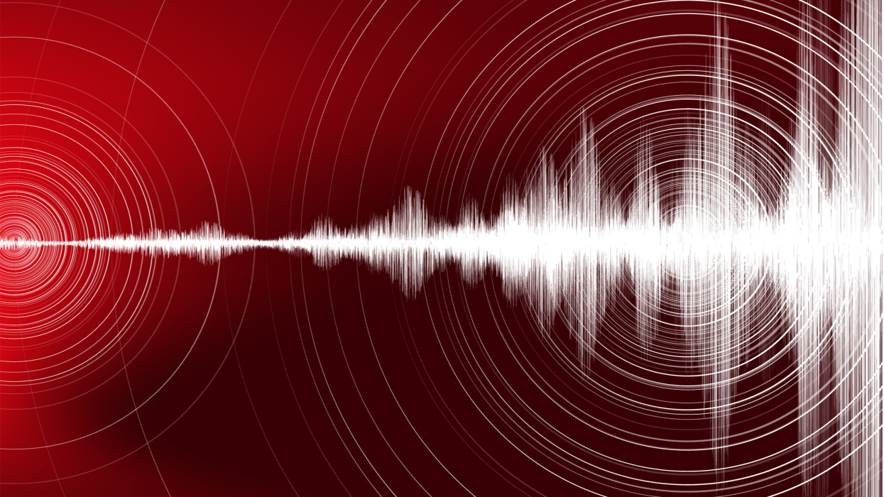 Digital Earthquake Wave with Circle Vibration on Dark Red background,audio wave diagram concept,design for education and science,Vector Illustration.