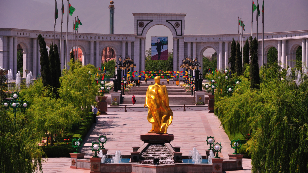 A golden statue in Ashgabat. Turkmenistan