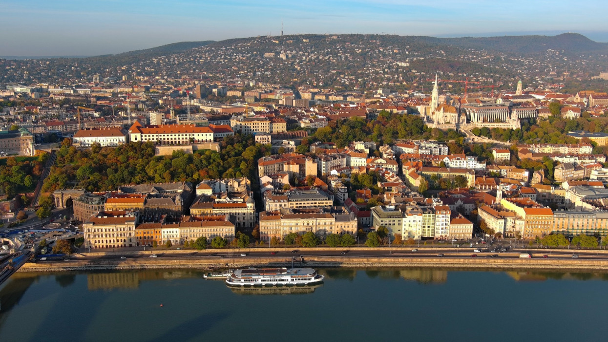 Establishing Aerial View Shot of Budapest, Hungary, Buda Side, Fishermanâs Bastion and Matthias church and Danube River
