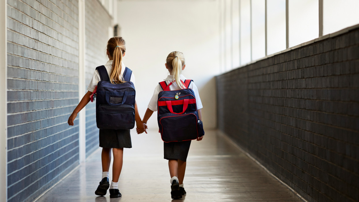 Schoolgirls walking hand in hand at school isle