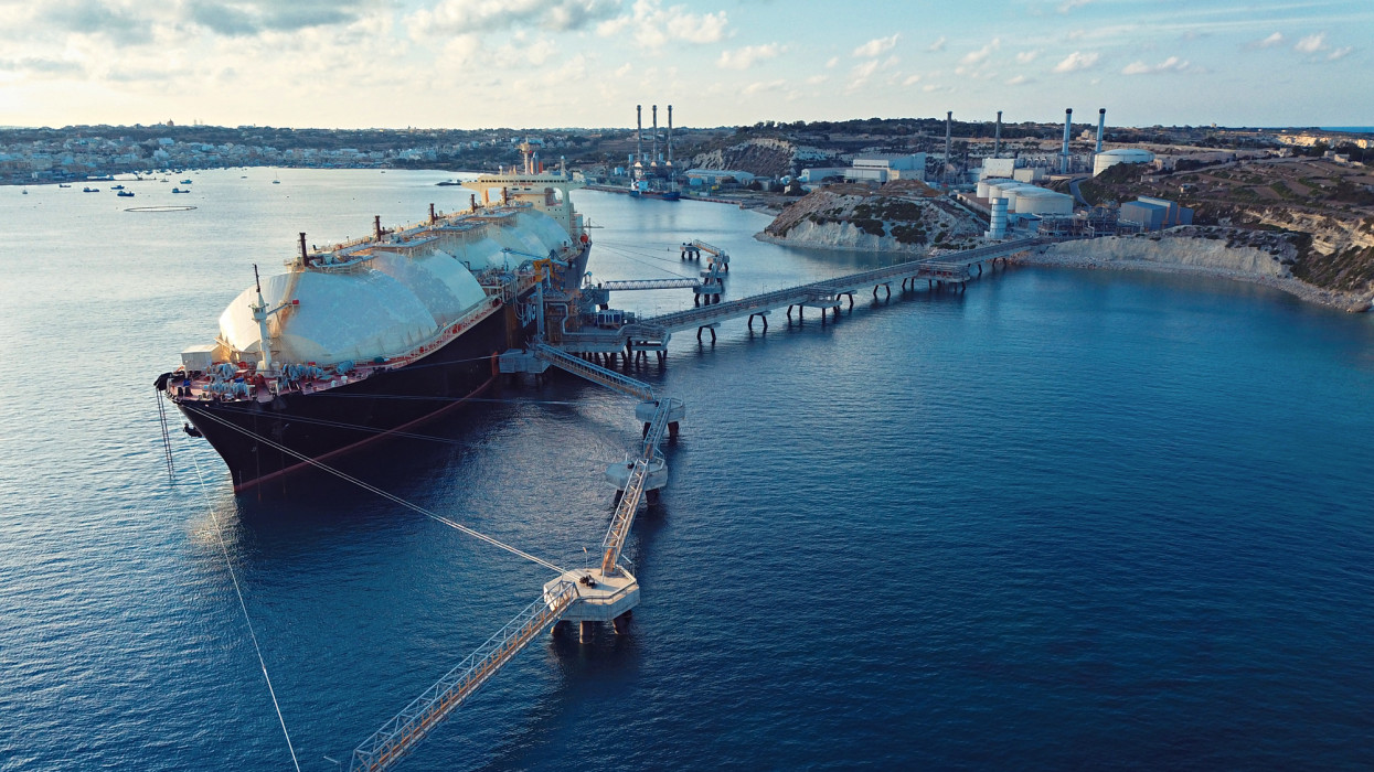 A Liquefied Natural Gas (LNG) Tanker Moored To The Jetty From Above