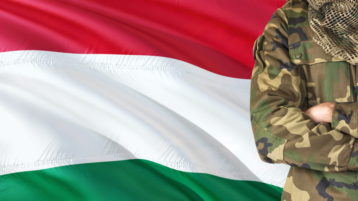 Crossed arms Hungarian soldier with national waving flag on background - Hungary Military theme.
