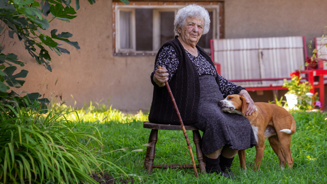 Elderly woman staying positive throughout her aging process and trying to engage and communicate with her pet friend as much as possible