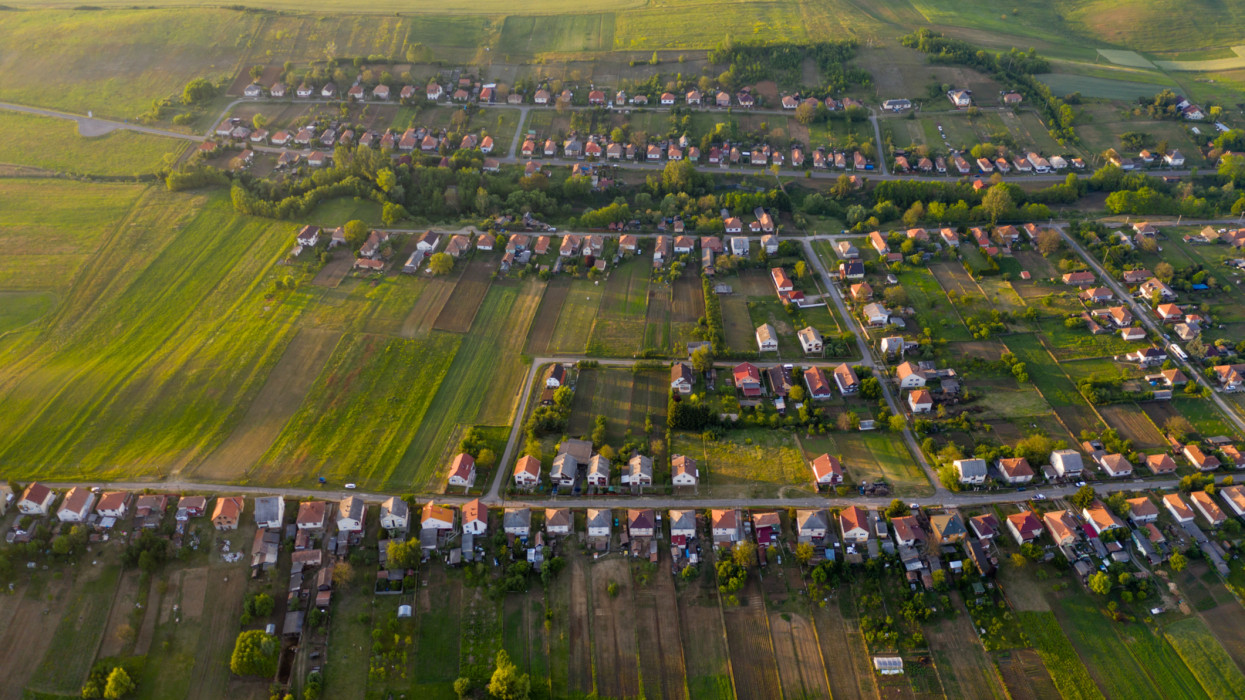 Flying, Summer, Sunset, village, drone view