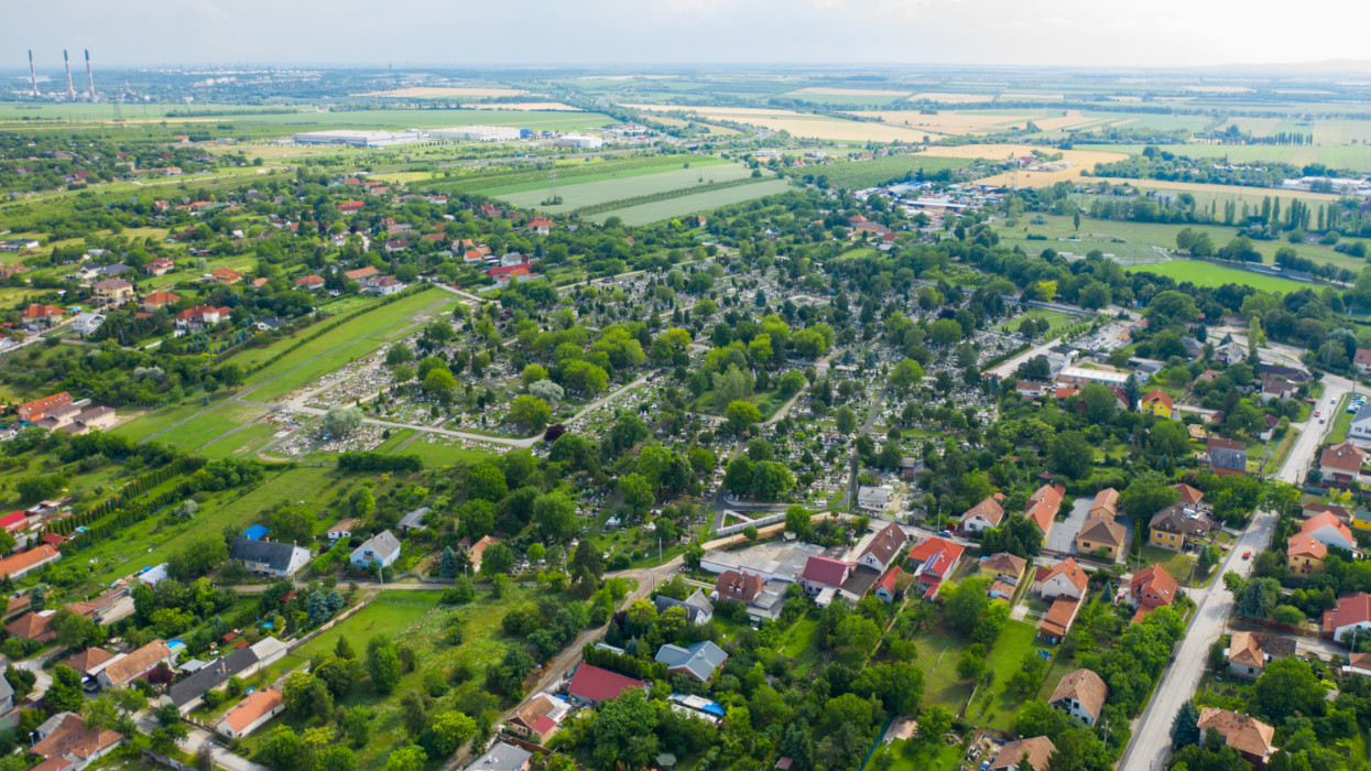 Public Cemetery in Erd city. Aerial view in Hungary, Europe.