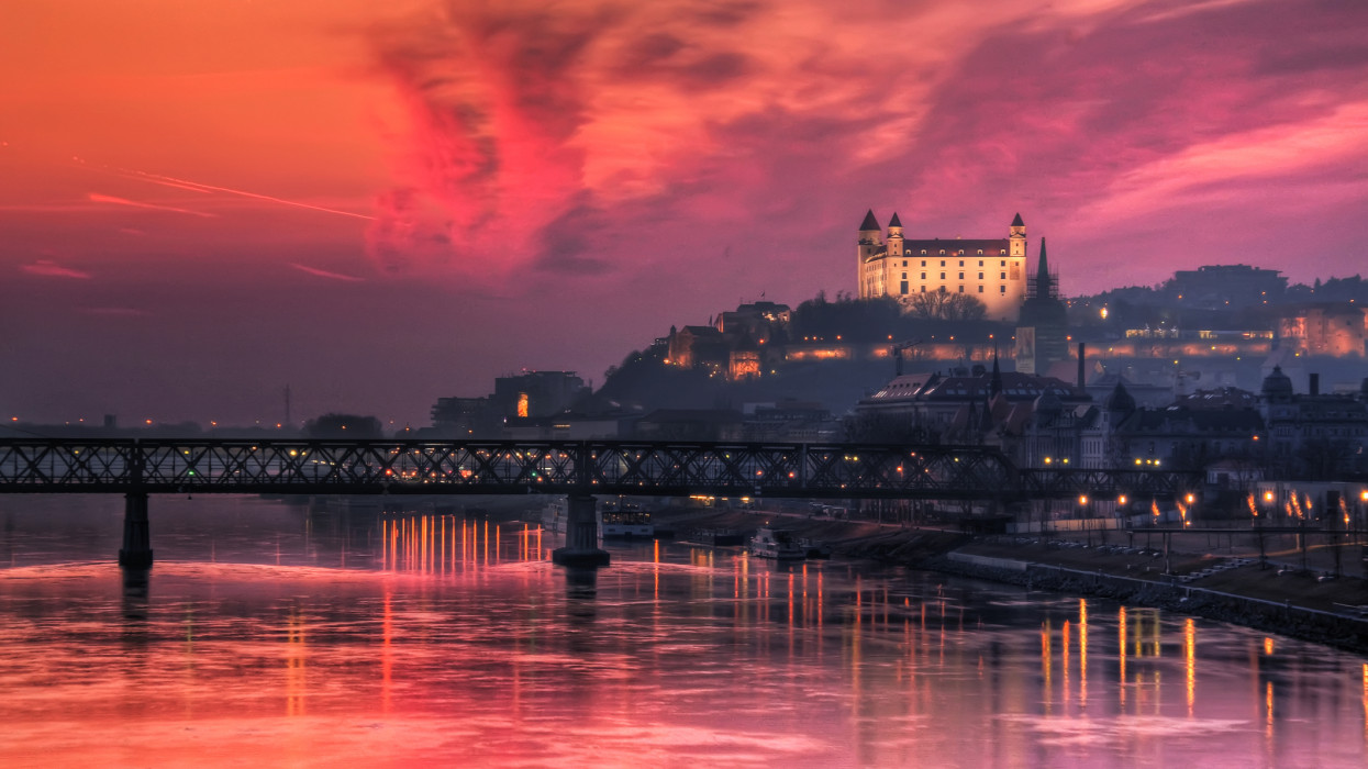 View of Bratislava castle at burning sunset. slovakia
