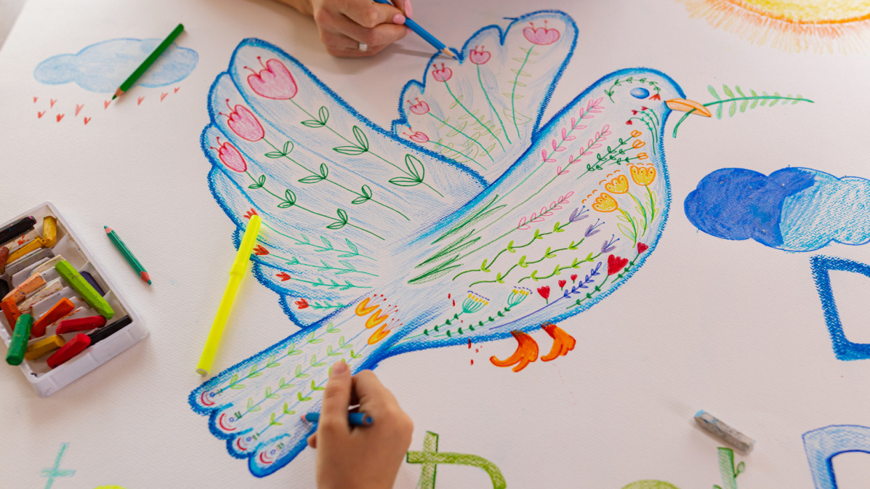 Drawing poster for International Day of Peace school pigeon