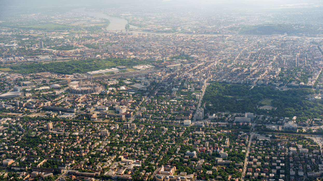 City aerial view of Budapest from airplane window. High quality photo
