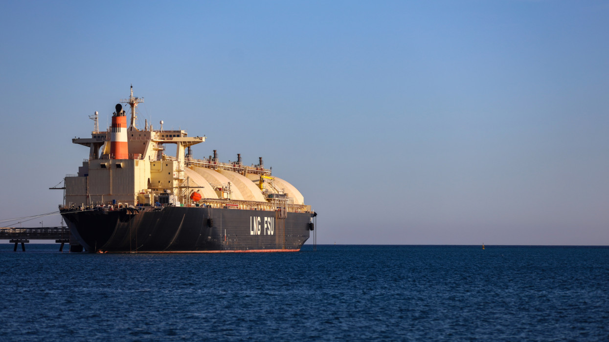 A floating storage unit tanker that stores liquefied natural gas for the power station.