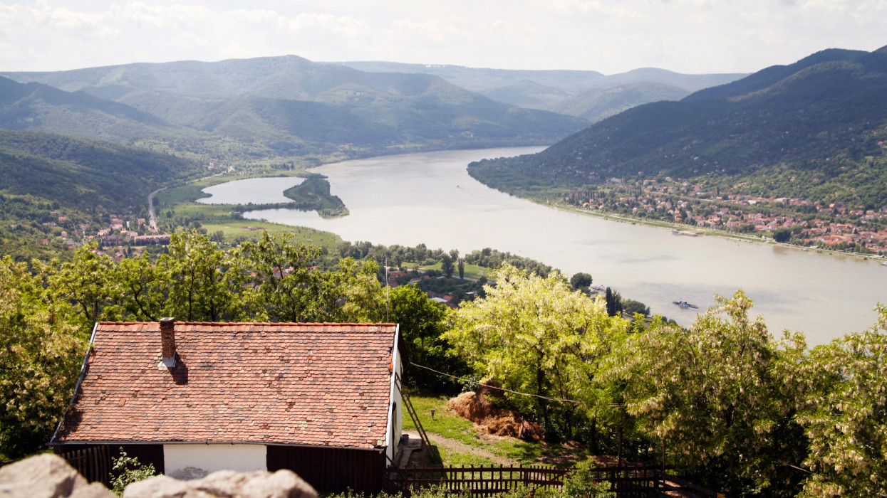 The Danube River as it winds its way through Europe - view from Visegrad Castle (Visegradi Fellegvar) on hilltop at Visegrad, Hungary