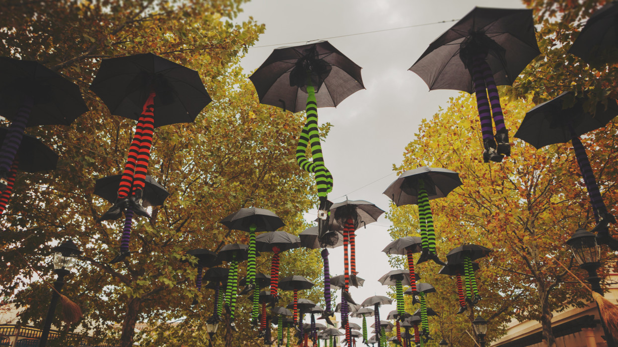 umbrellas and witches feet decoration in halloween