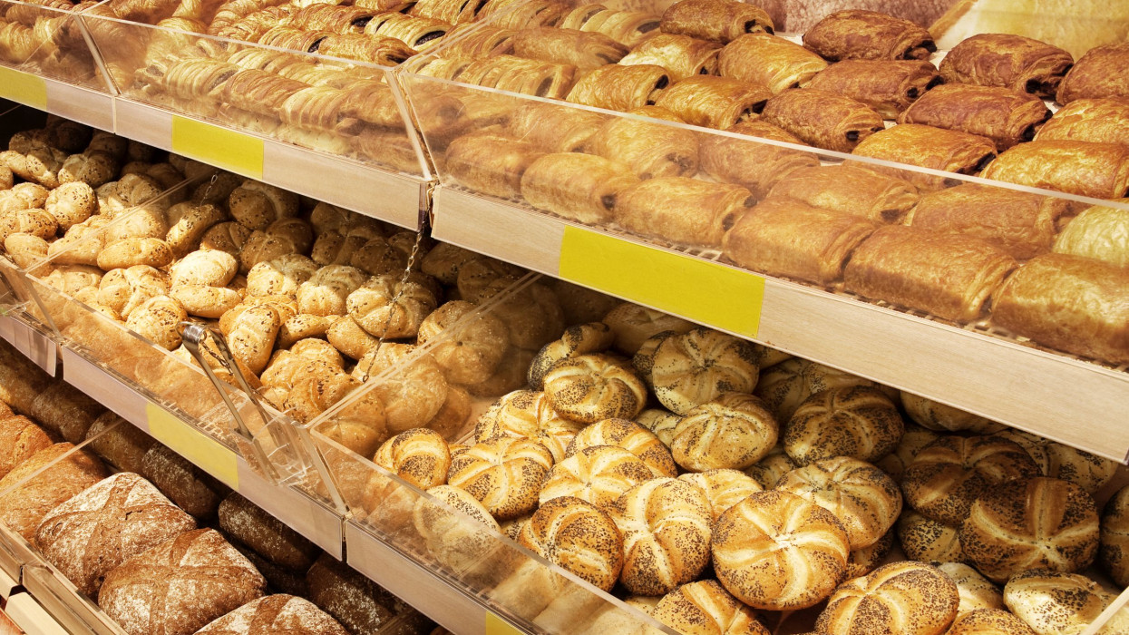 Variety of baked products at a supermarket