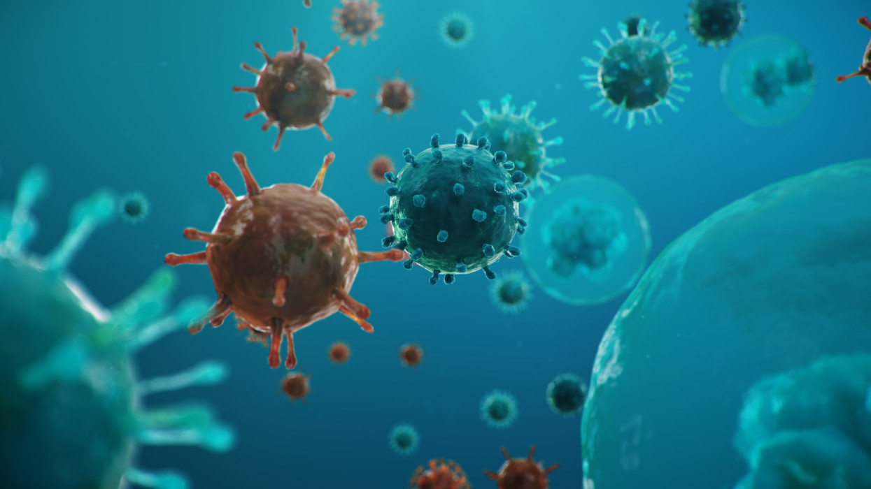 Outbreak of coronavirus, flu virus and COVID-19. Concept of a pandemic, epidemic for human cells. COVID-19 under the microscope, pathogen affecting the respiratory system. 3d illustration