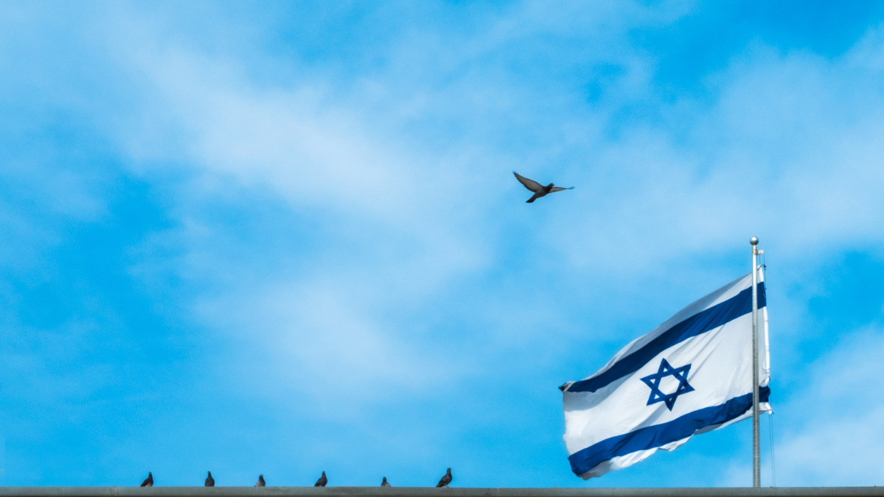 Israeli flag on the wind. Flying birds passing by.
