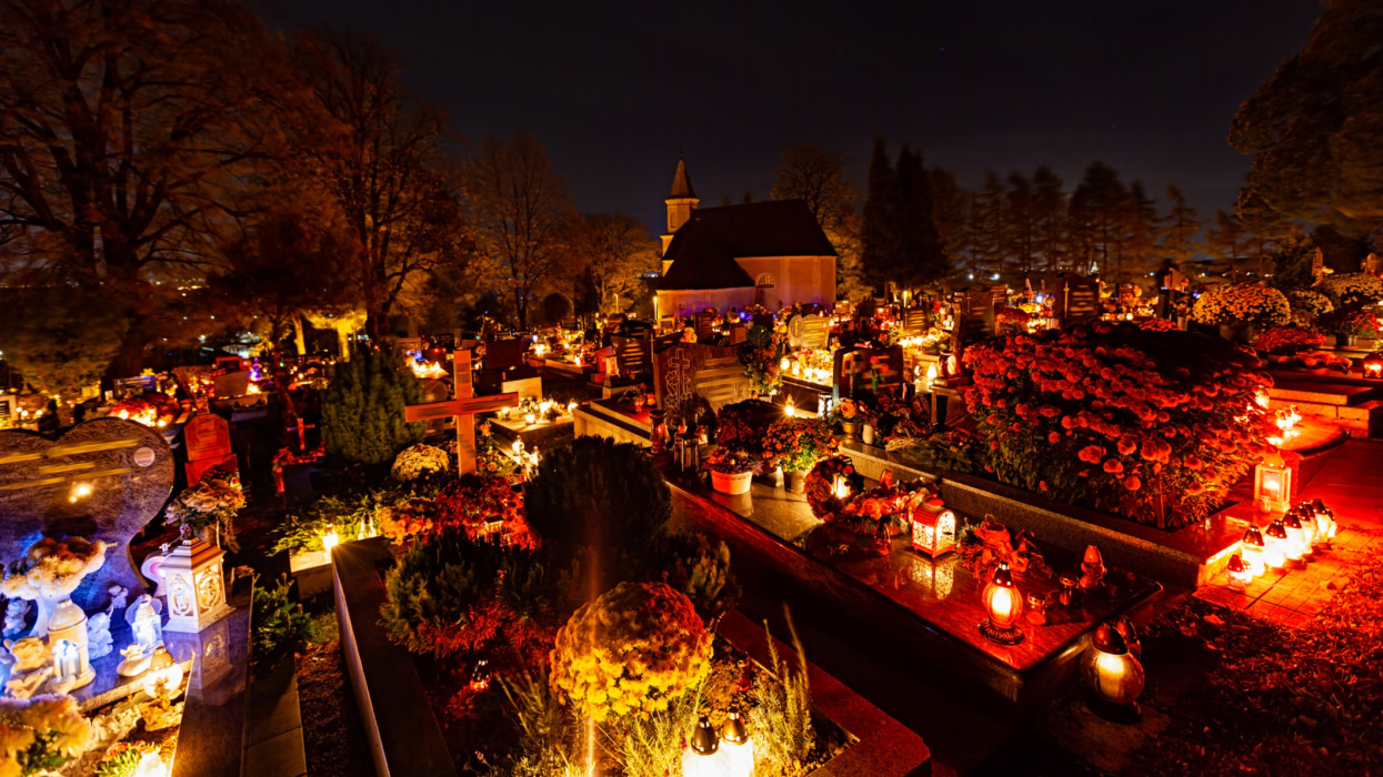 Traditional candles on cemetery at All Saints Day in Slovakia