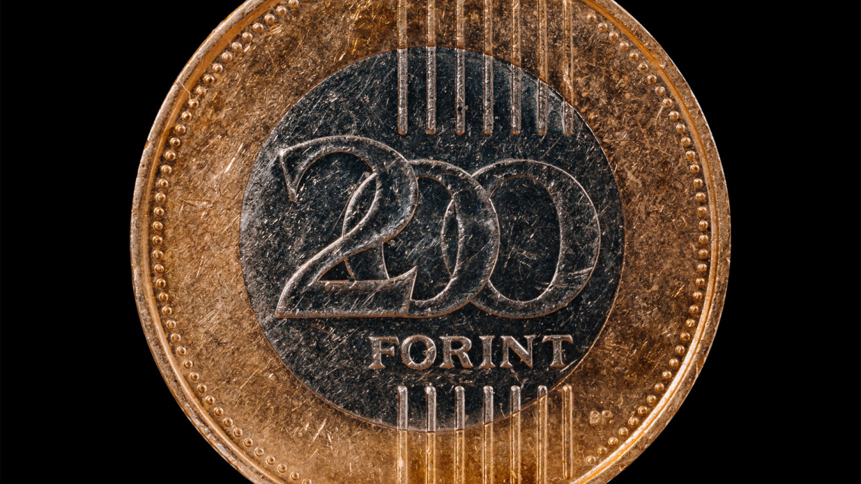 A Hungarian 200 Forint coin isolated on a black background