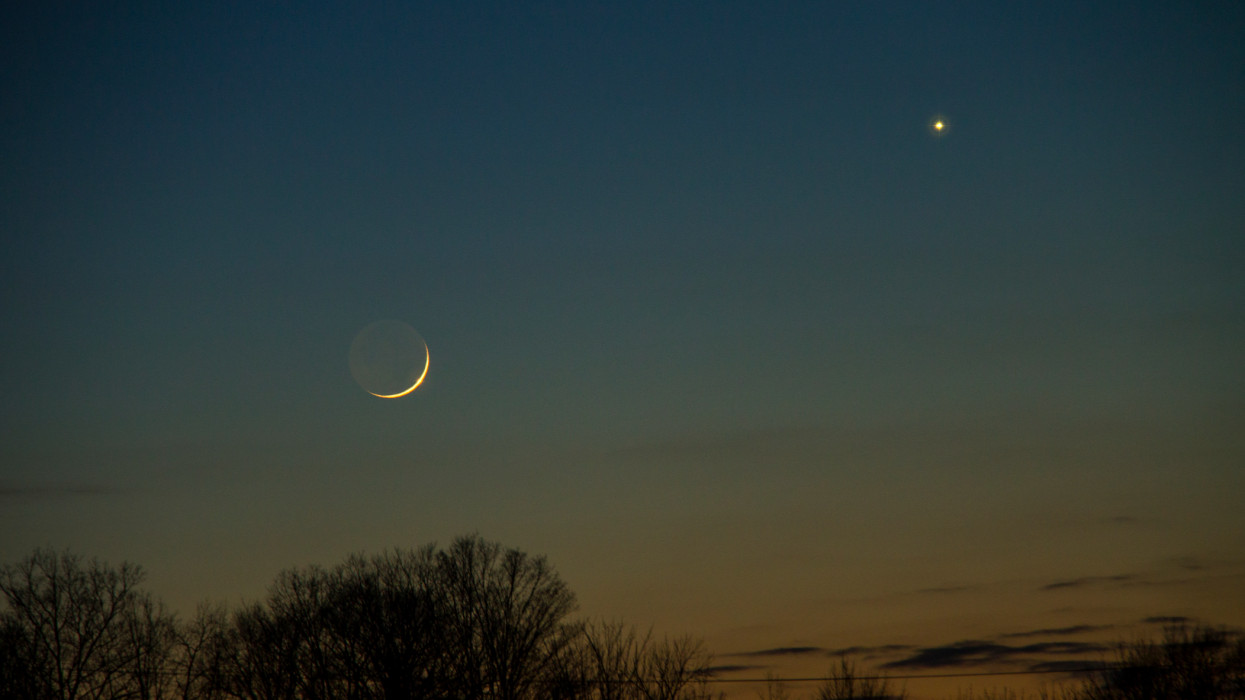 A conjunction of the planets and the moon in a twilight winter sky