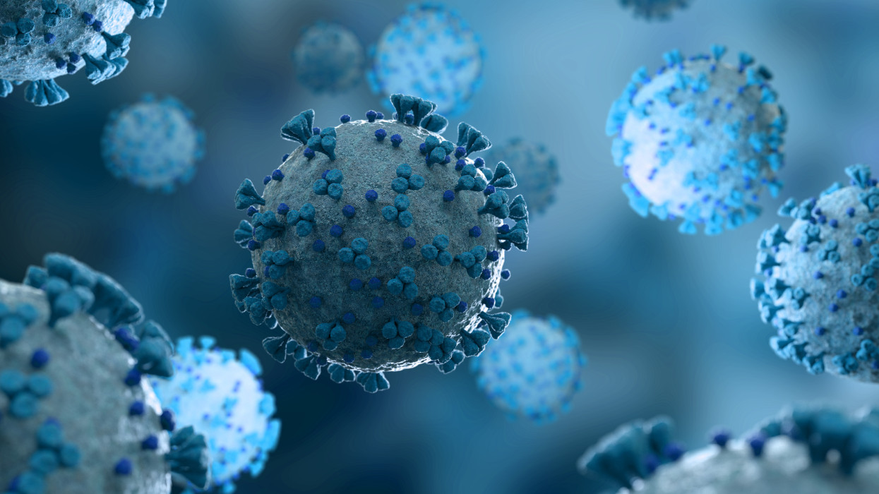 Microscopic close-up of the covid-19 disease. Blue Coronavirus illness spreading in body cell. 2019-nCoV analysis on microscope level 3D rendering