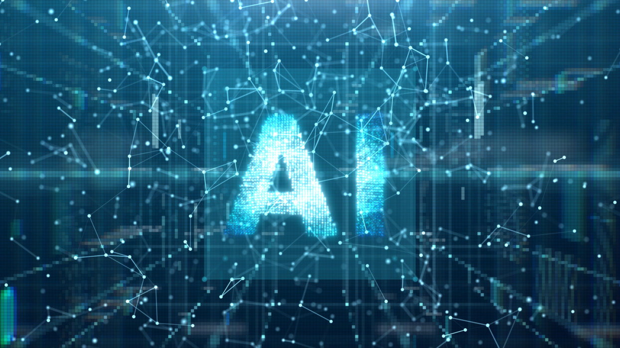 3D Motion graphic of AI or artificial intelligence Innovation Technology concept, AI Font 3D in digital cyber space, AI Chatbot and Generative AI technology, Futuristic abstract background for Business Science and technology.