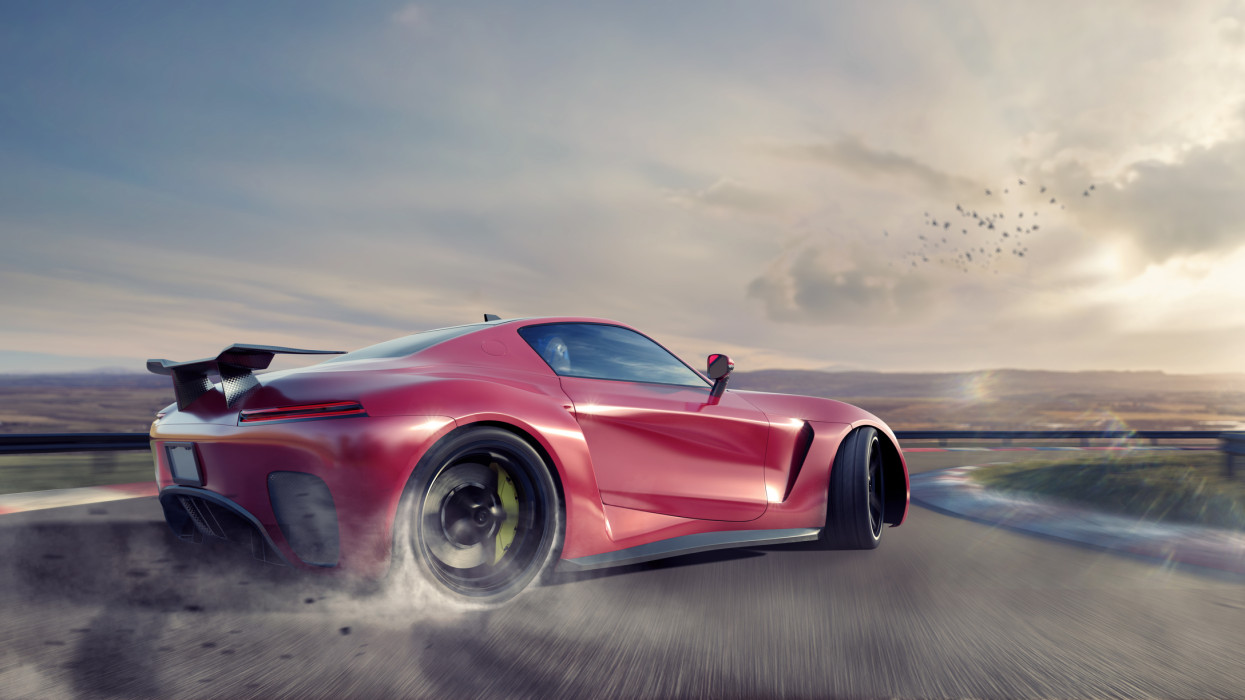 A generic red sports car moving at high speed around the corner of a racetrack. The vehicle is drifting around the corner, with smoke coming from its spinning rear tires. The racetrack is fictional in a remote location with distant hills. It is sunset/sunrise under a cloudy sky.