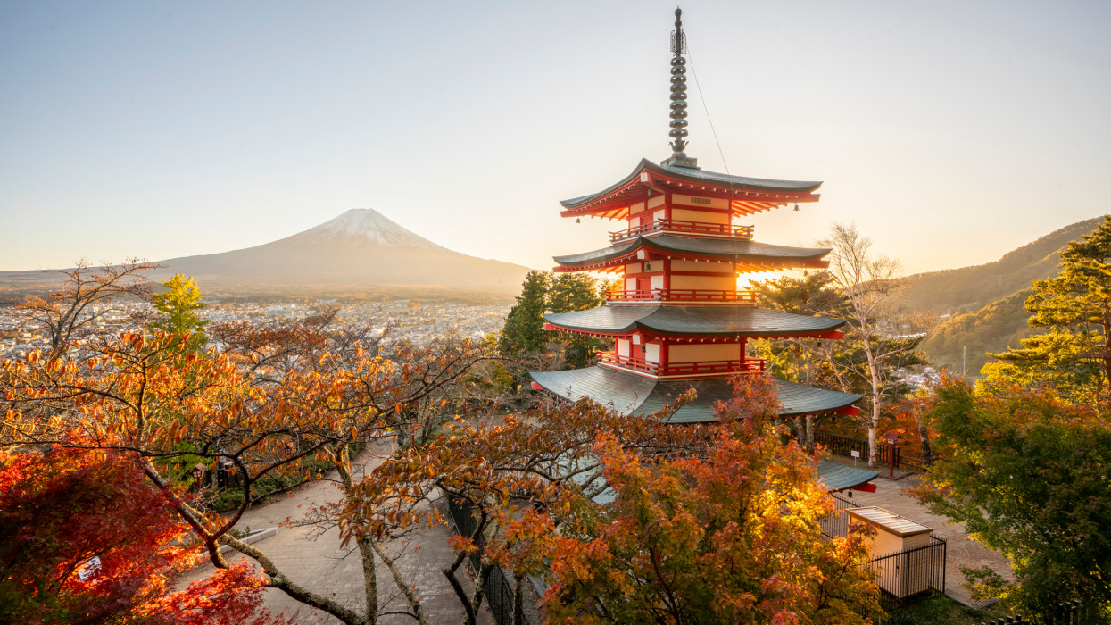 Fujiyoshida, Japan, 14 November 2019: Chureito Pagoda, a five-storied pagoda, also known as the Fujiyoshida Cenotaph Monument, can be seen on the observatory overlooking Mount Fuji. Fuji on the background
