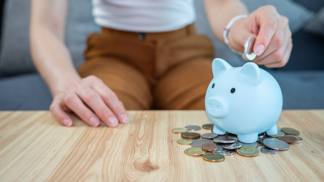 A piggy bank is a small container used to save coins, often but not always shaped like a pig.