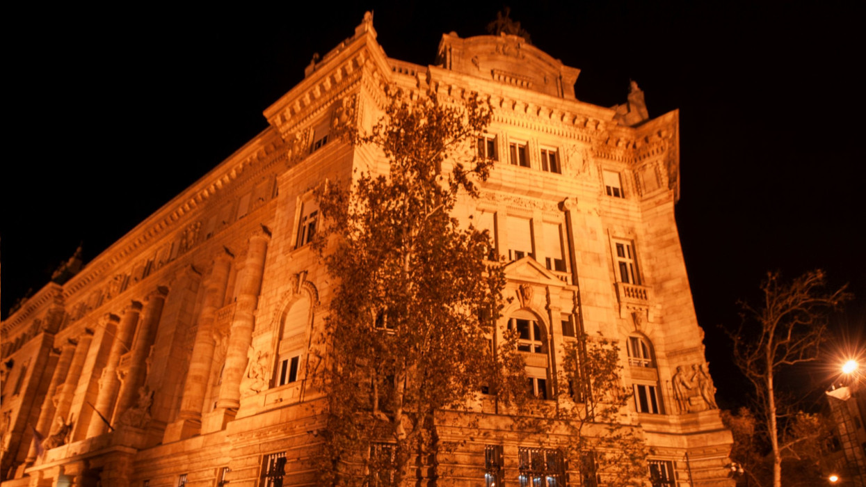 View of the illuminated Hungarian National Bank in the run-up to Christmas in downtown Budapest, the capital of Hungary