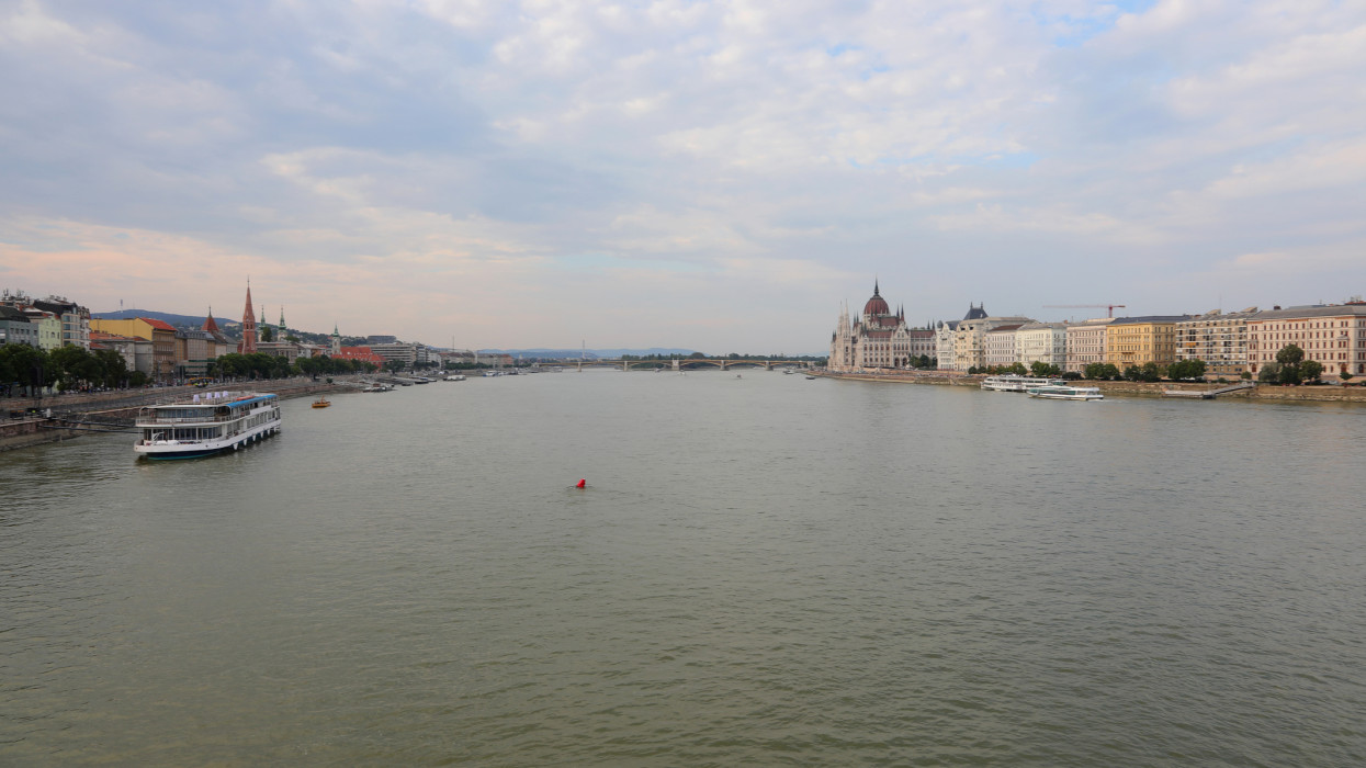 wide panorama of the Danube river with a boat for transporting tourists in Budapest City capital of Hungary