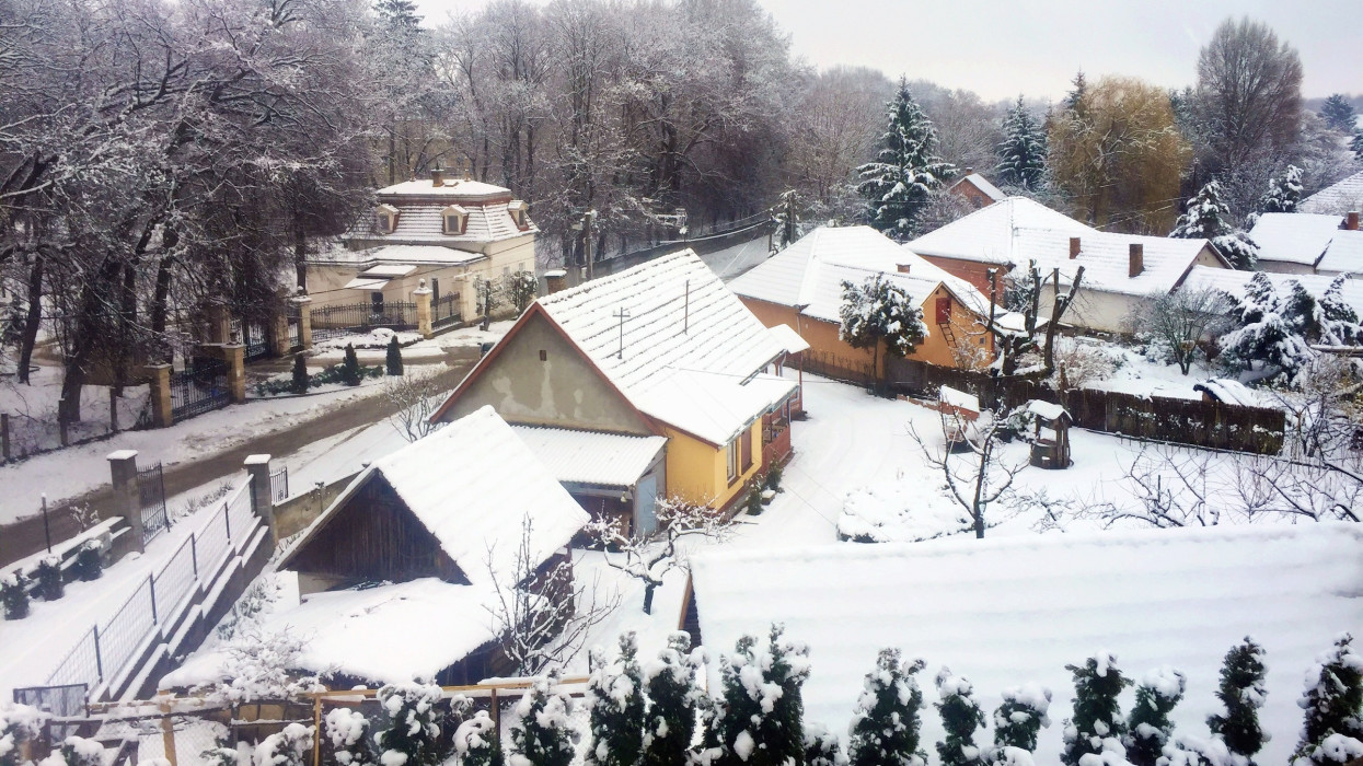 Village roofs covered in snow