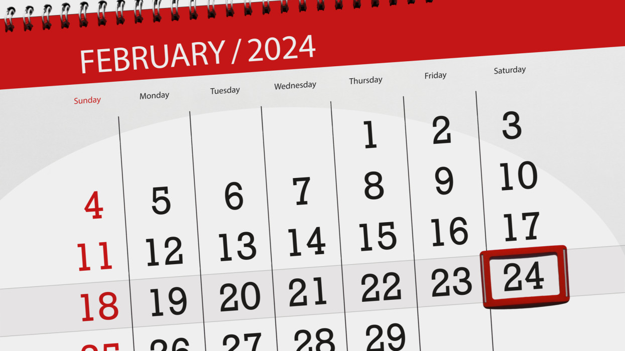Calendar 2024, deadline, day, month, page, organizer, date, February, saturday, number 24.