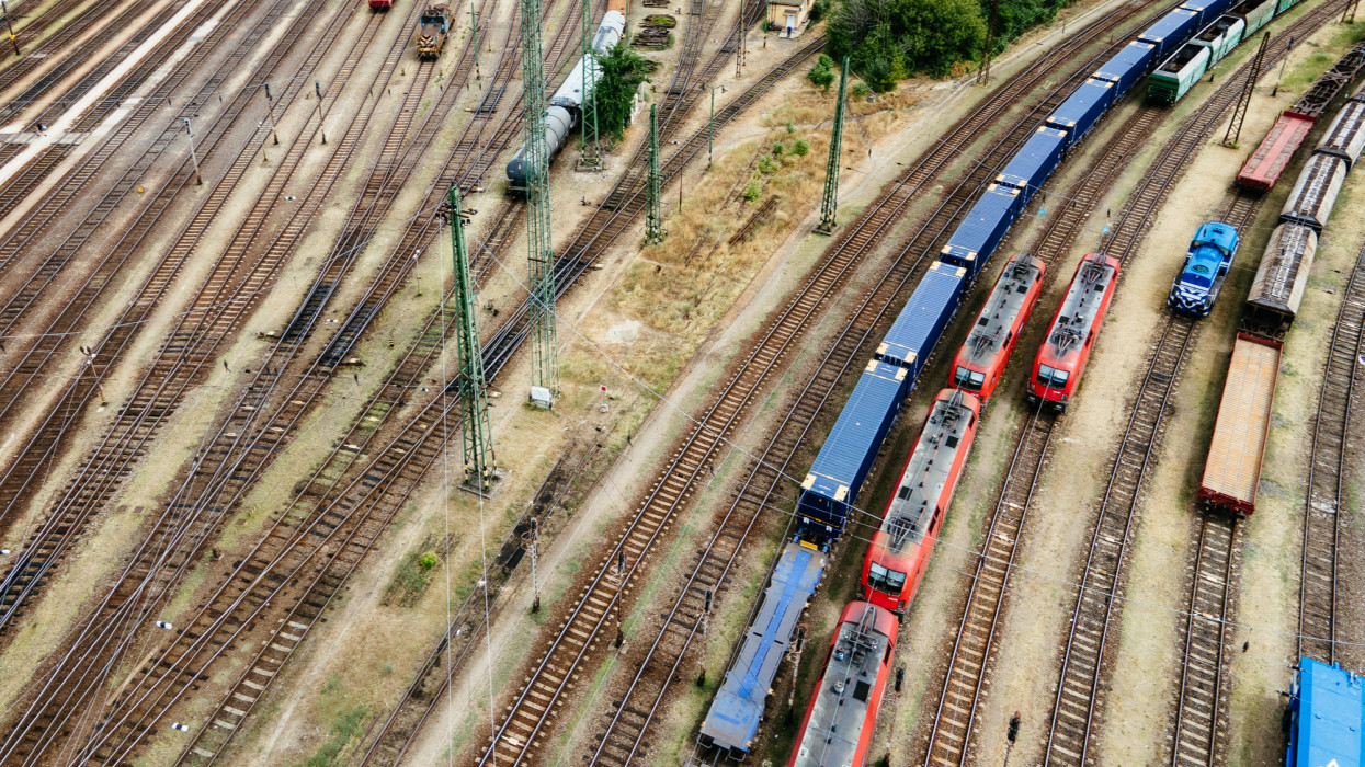 Freight trains at train station, drone view