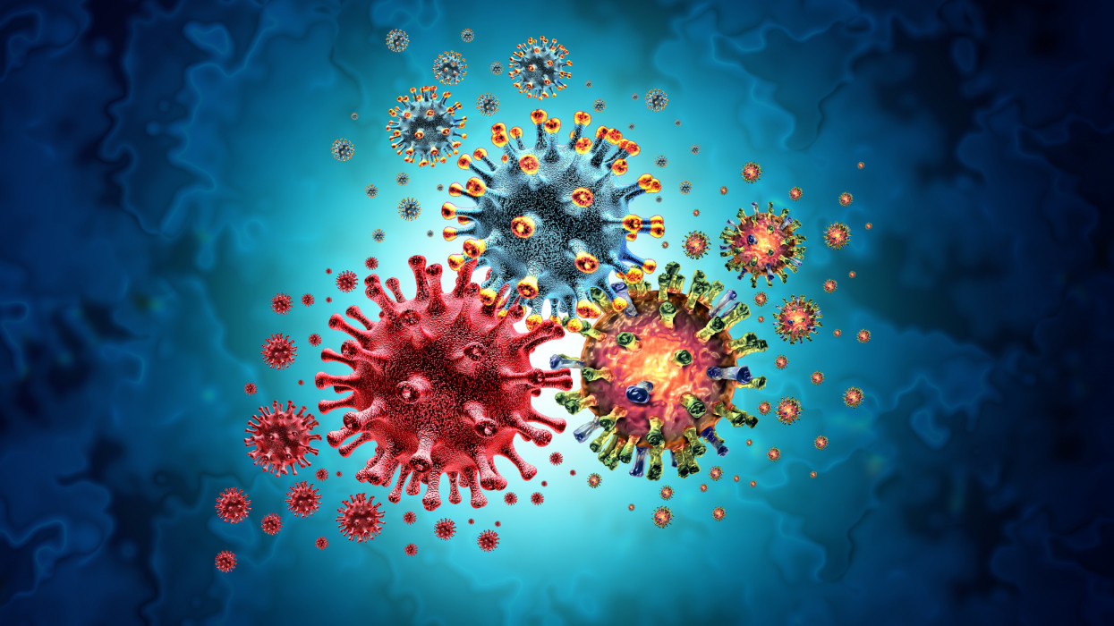 Tripledemic Covid Flu And RSV or respiratory syncytial virus with three pathogen cells dangerous infectious disease cells as a 3D illustration.