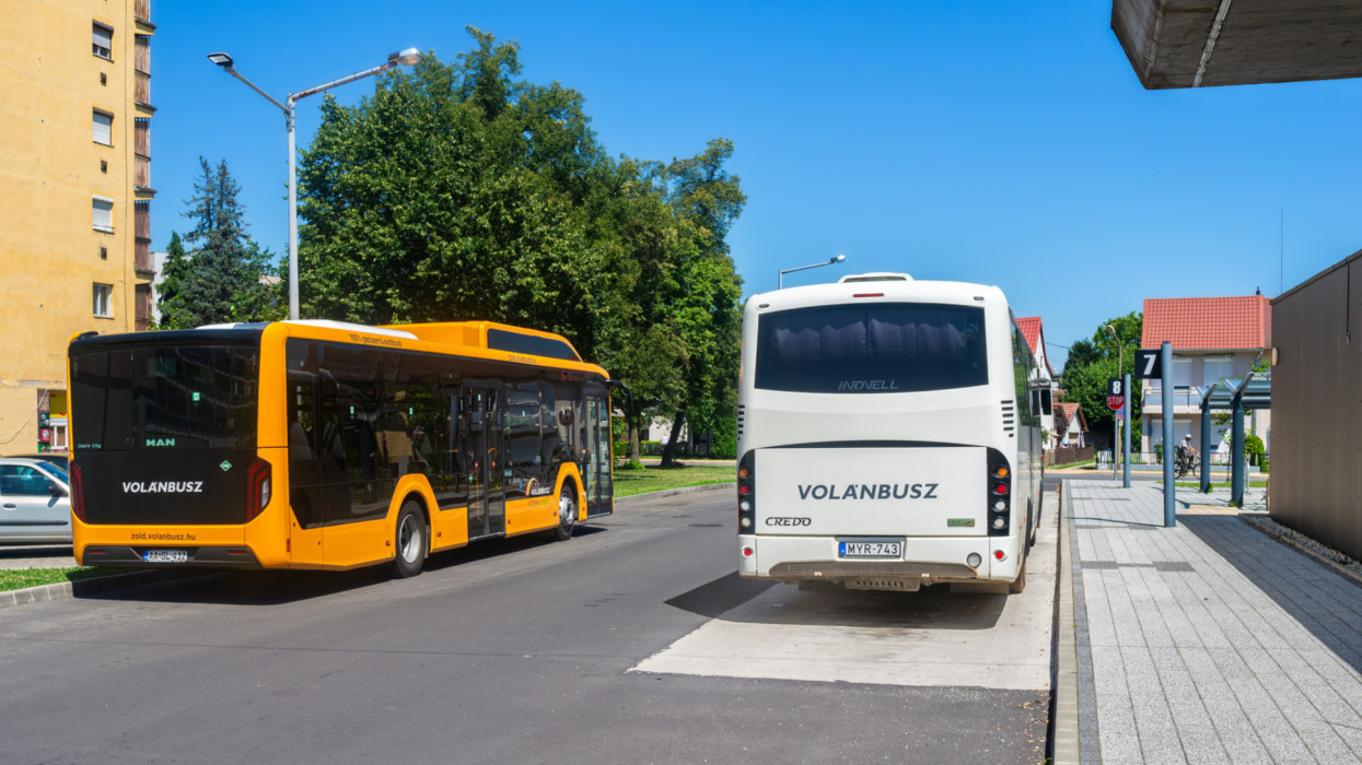 Lenti, Hungary - July 15, 2023: Two buses at the bus station in Lenti volán volánbusz bus company