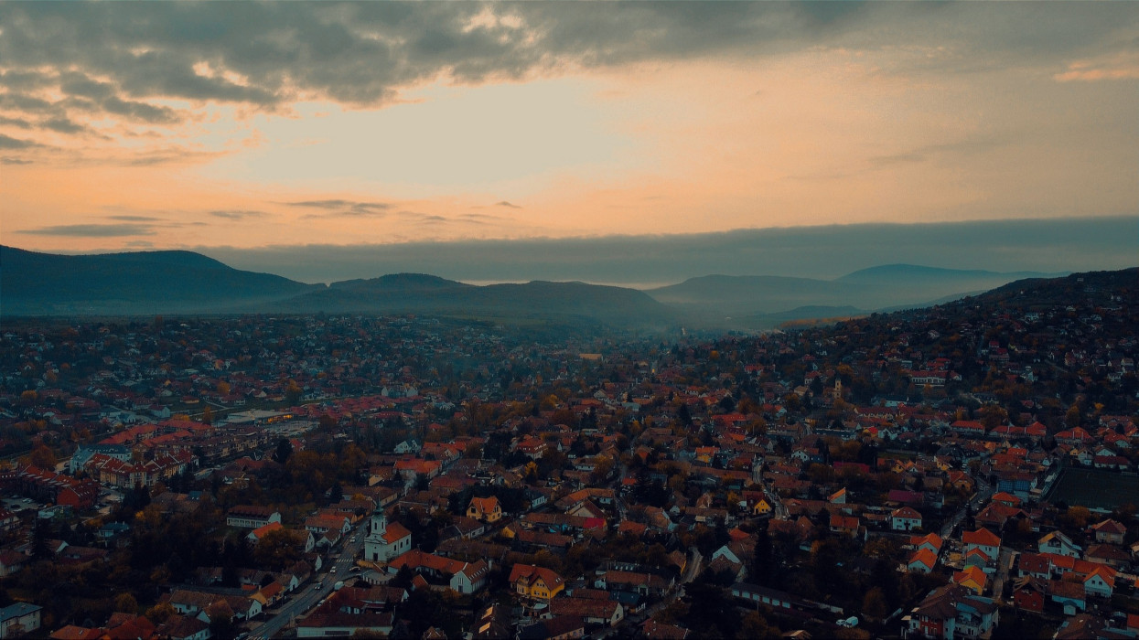 An aerial view of the Pomaz town in Hungary at sunset