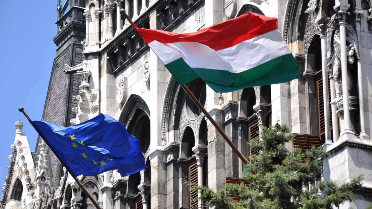 hungarian and european union flags of the parliament building, Budapest, Hungary