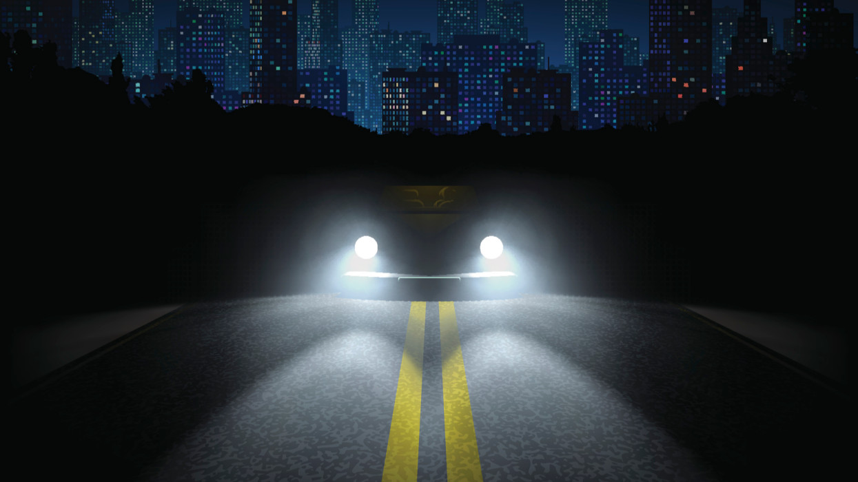 Vector illustration. Night road with the car and the city on the horizon. Headlights Car.