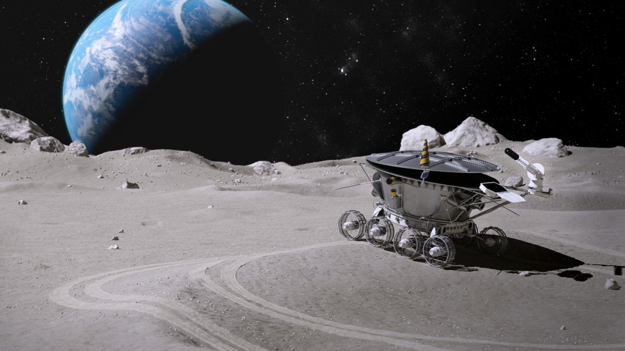 An abandoned, old lunar rover stands on the surface of the moon against the background of stars and the earth, 3D rendering.