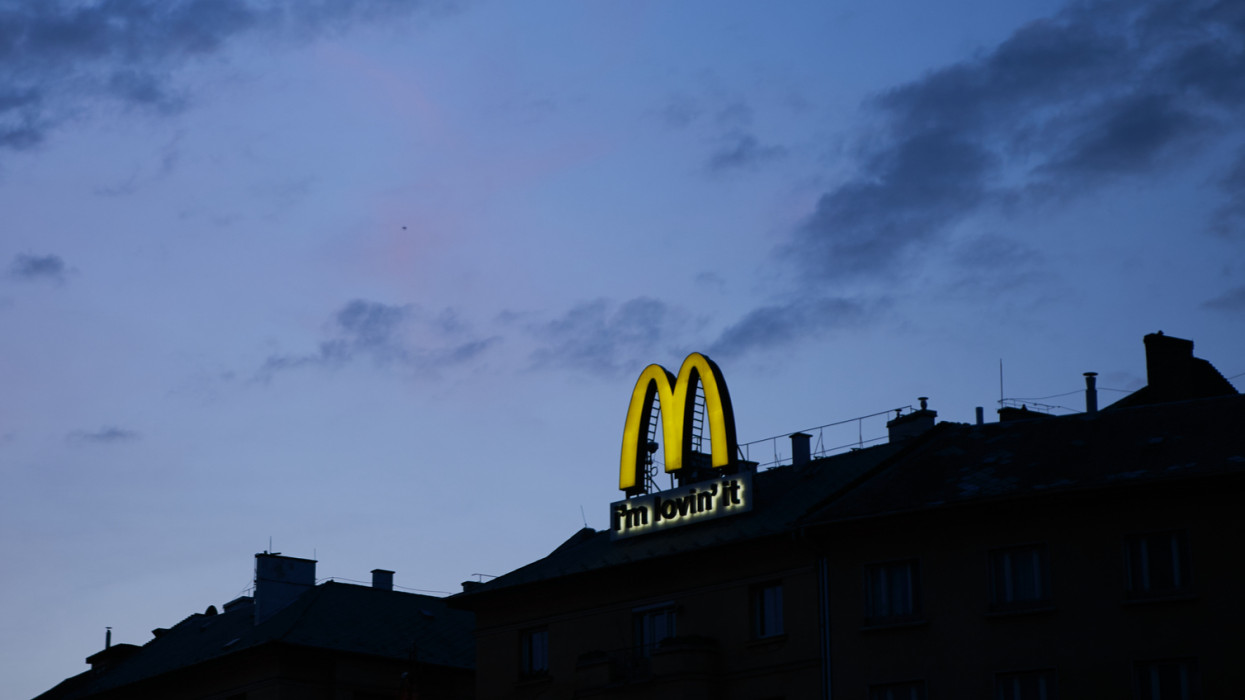Mc Donalds Golden Arches logo at sunset. Budapest, Hungary - 7 May, 2019