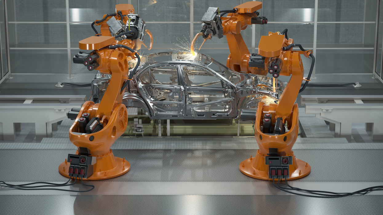 Digital generated welding robots with car body on production line