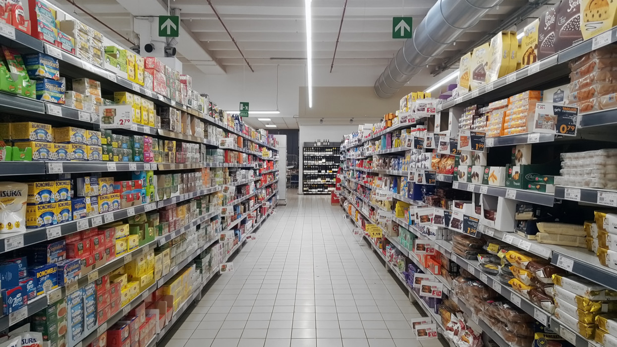 Riposto, italy -  Supermarket aisle with merchandise and no people