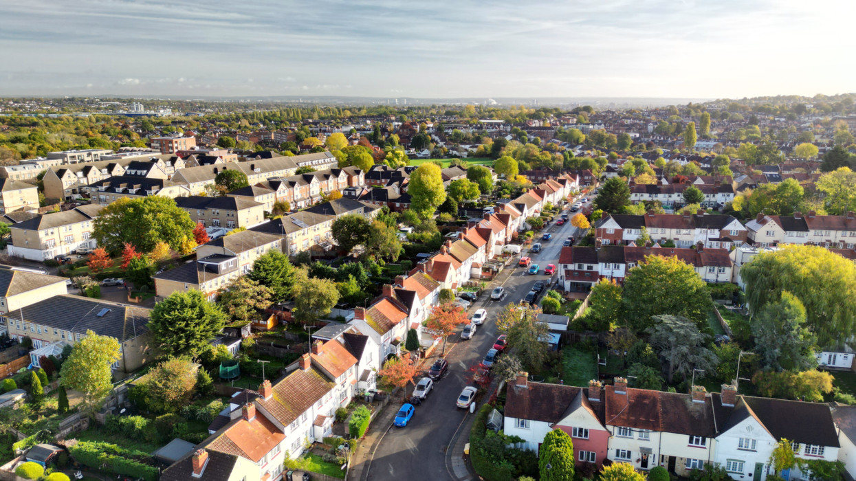 Aerial view of a residential street in North London during sunrise